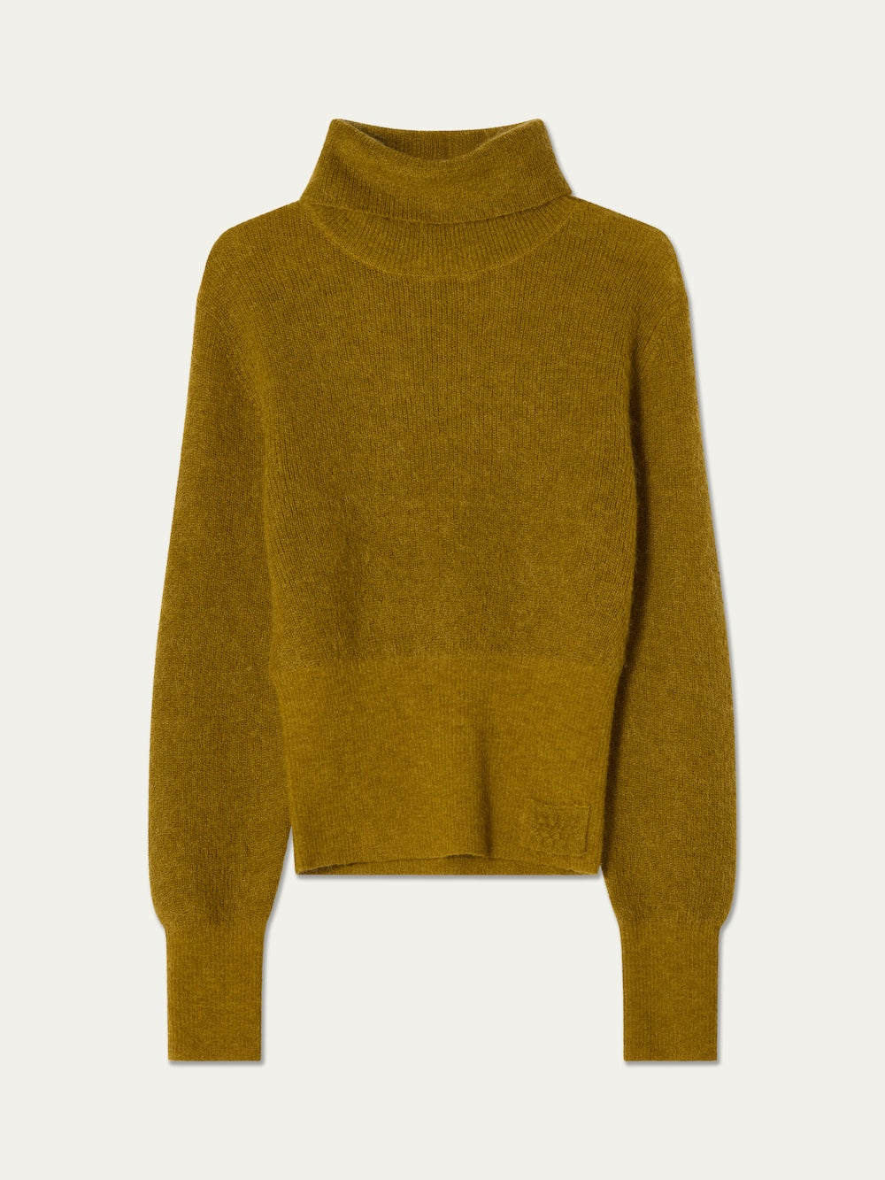 The Pudder Sweater Women by We Norwegians is a mustard yellow turtleneck cropped sweater featuring long sleeves, ribbed cuffs, and a ribbed waistband, crafted from soft mohair yarn and showcased against a plain off-white background.