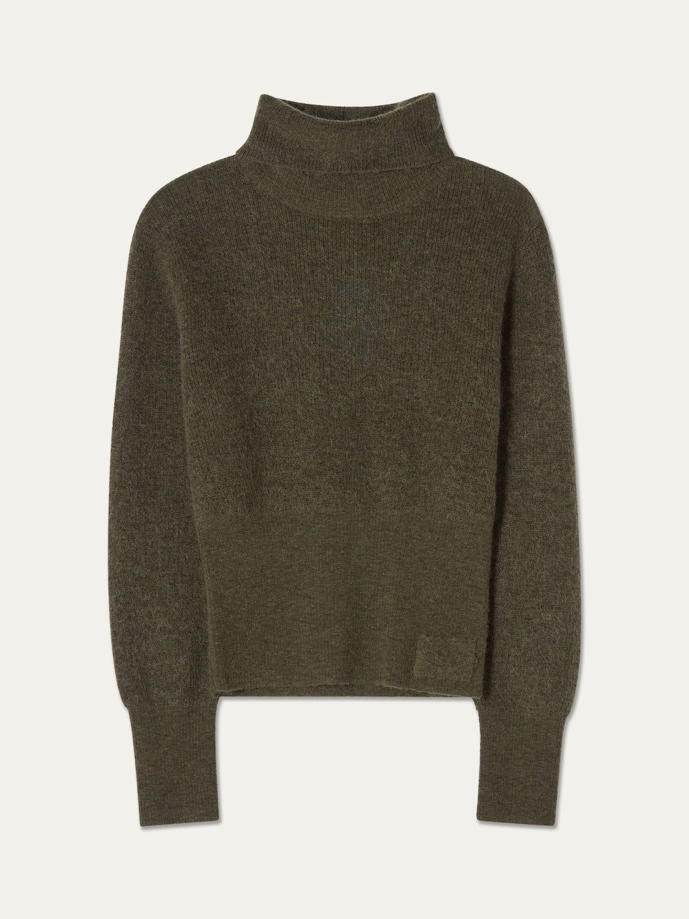 The We Norwegians Pudder Sweater Women is an olive green, long-sleeve turtleneck crafted from soft mohair yarn, featuring ribbed cuffs and hem, and is displayed against a plain light background.