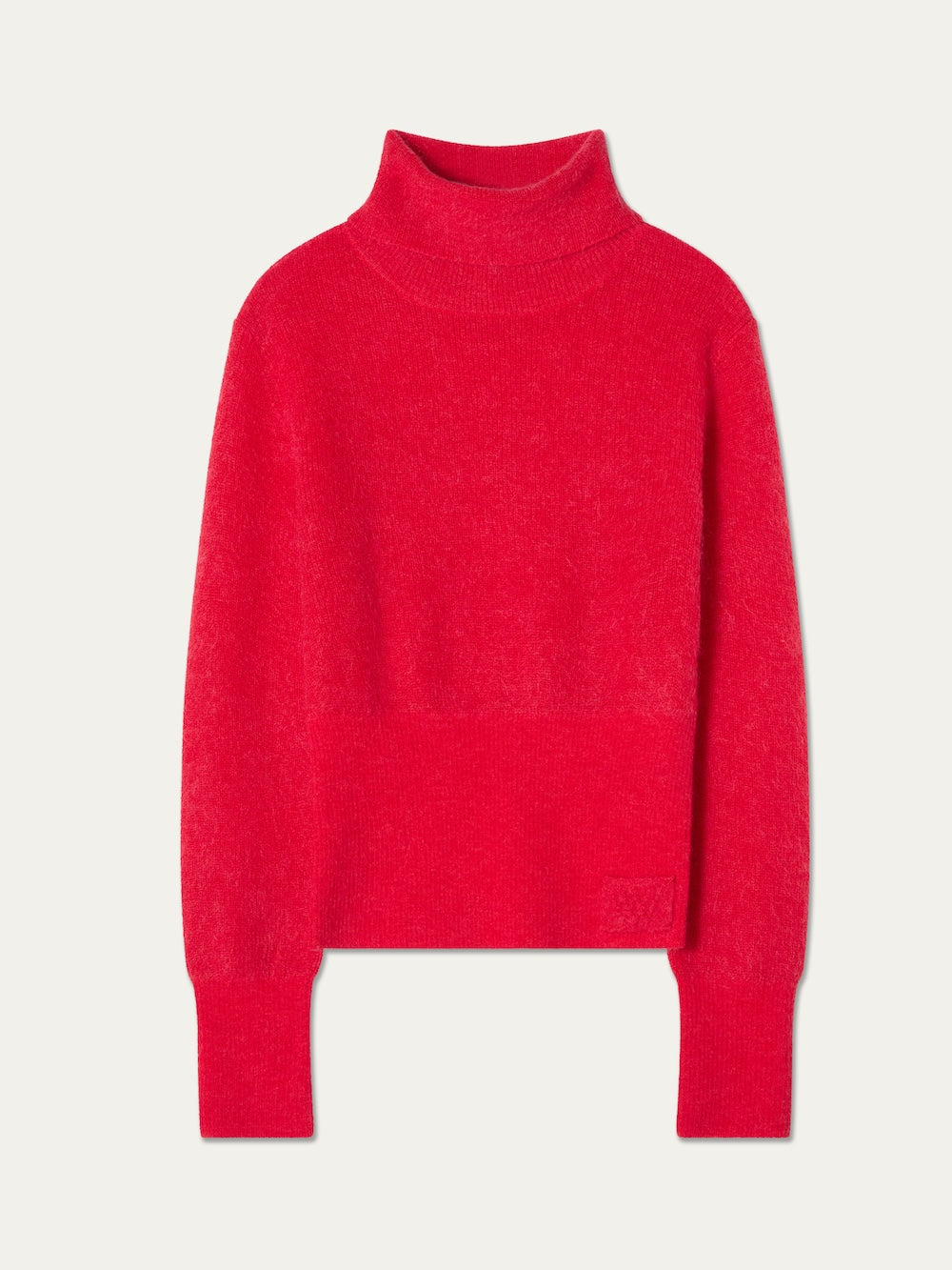 The Pudder Sweater Women by We Norwegians is a bright red turtleneck expertly crafted from soft mohair yarn, featuring long sleeves, ribbed cuffs, and a ribbed hem, displayed against a plain white background.