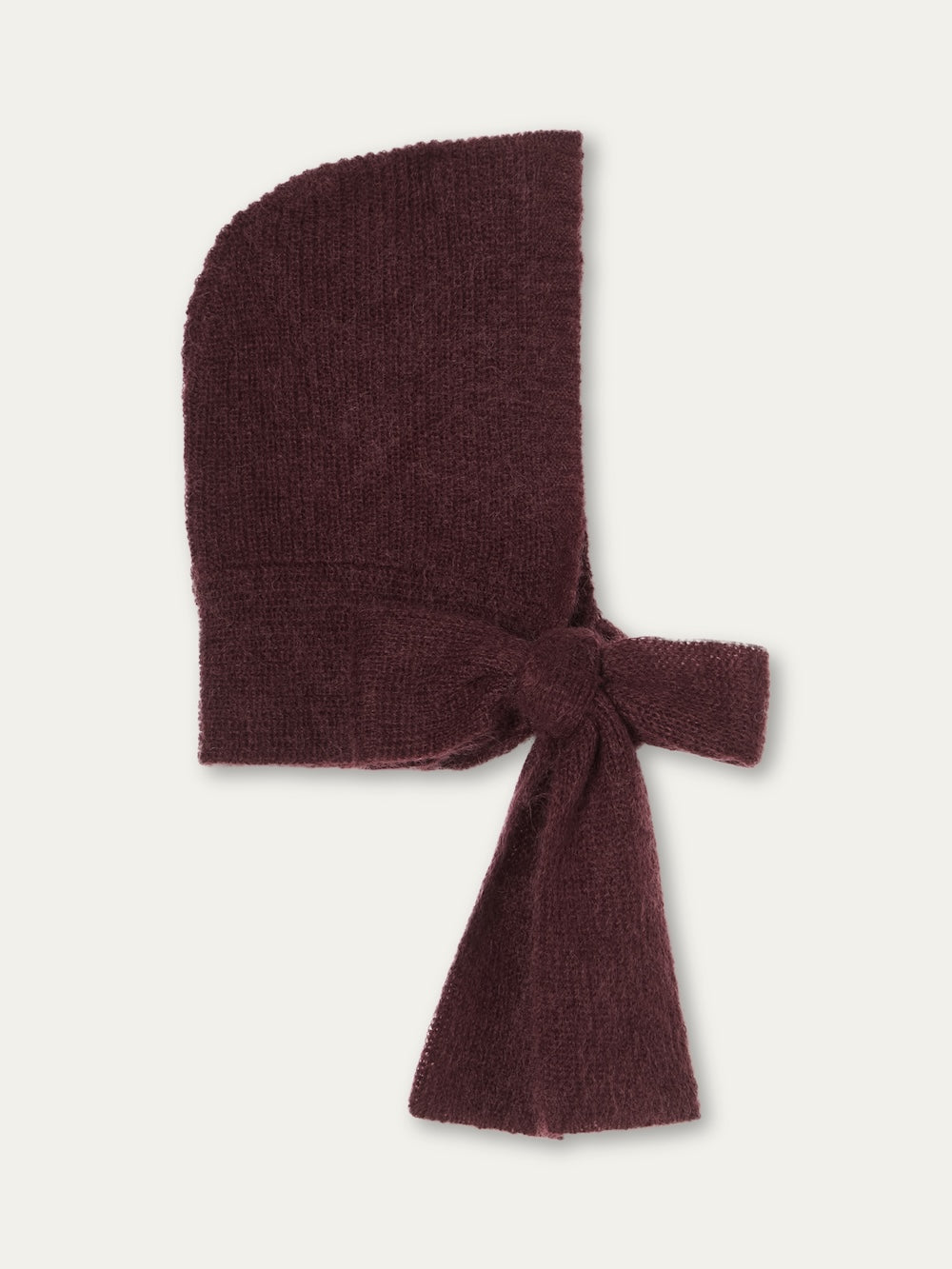 Dark burgundy mohair Pudder Balaclava that ties under the chin with a bow for a cosy winter accessory.