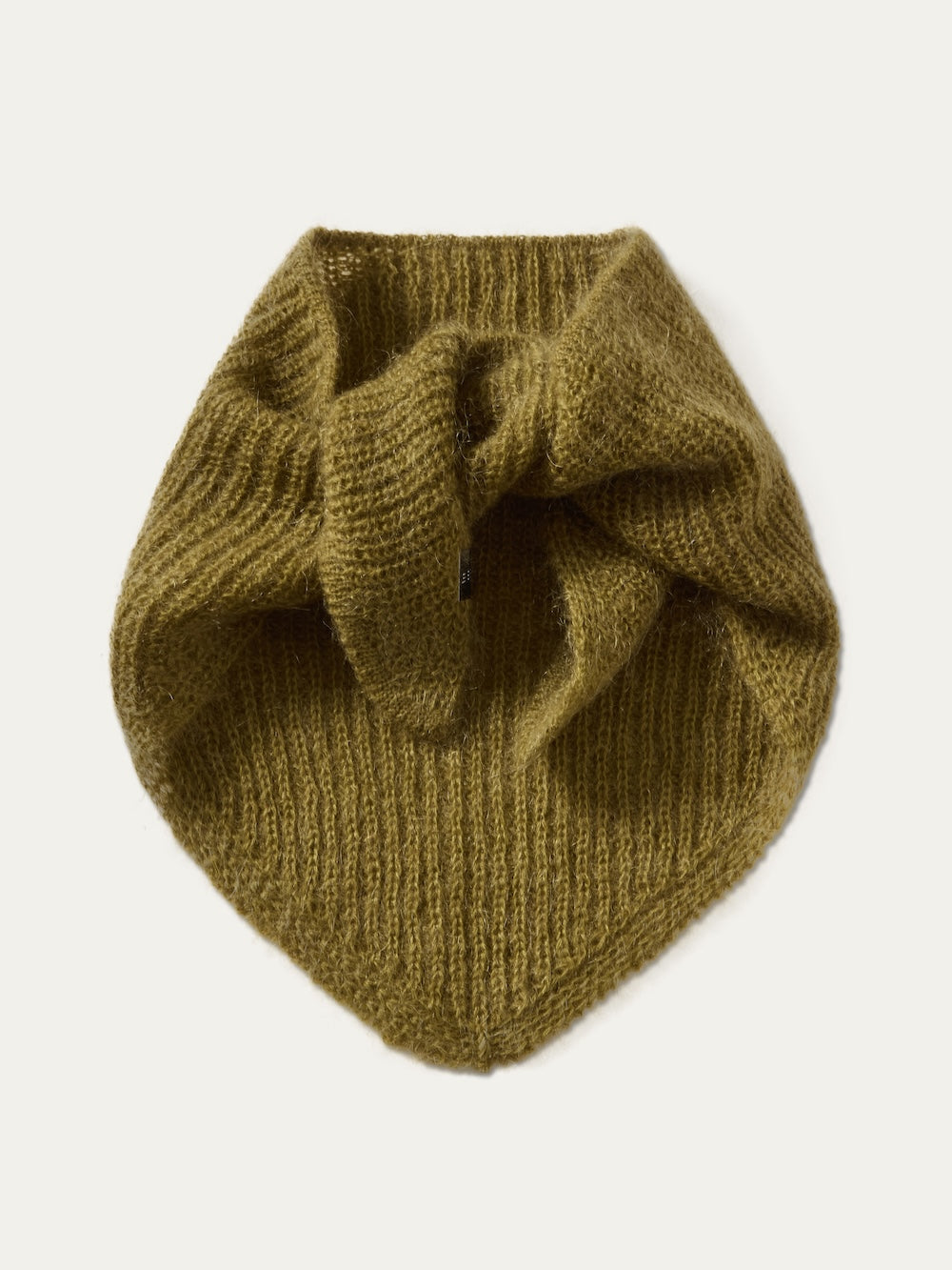 The We Norwegians Pudder Scarf is an olive green, knitted triangular neck warmer featuring a textured ribbed pattern and a central tied knot. Displayed flat against a plain white background, this cozy designer accessory is perfect for elevating your cold-weather style.