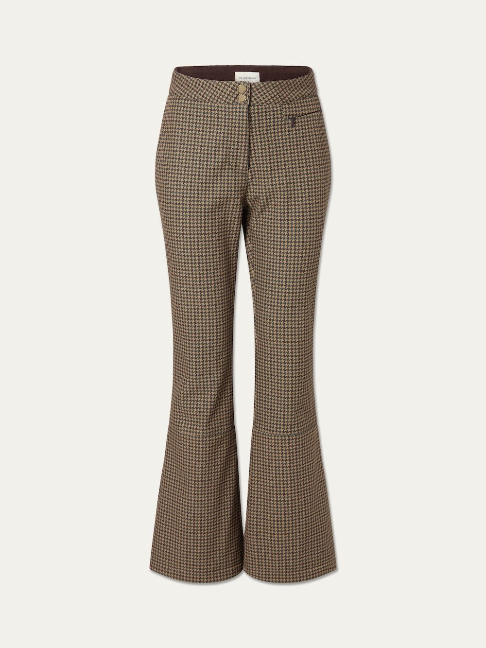 Glenshee Ski Pant Women by We Norwegians: brown and beige houndstooth, high-waist flared silhouette, front button closure, shown against a plain light background.