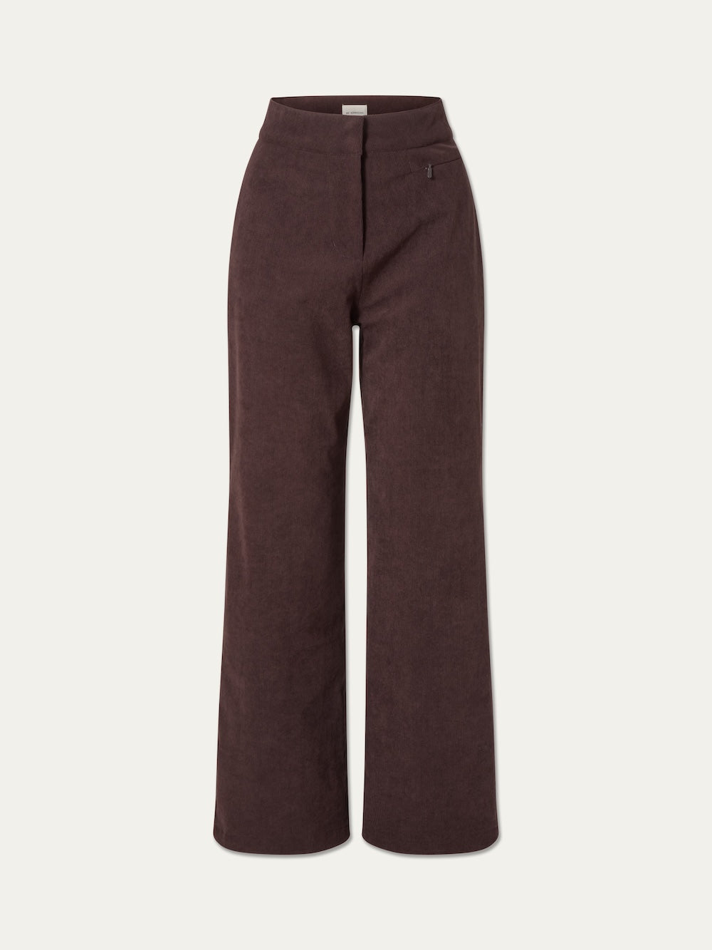The We Norwegians Britt Palazzo Ski Pant Women features a brown, high-waisted design with a front zipper and a smooth texture, shown against a plain off-white background.