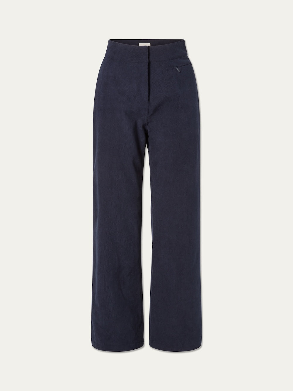 The We Norwegians Britt Palazzo Ski Pant Women features a navy blue, wide-leg silhouette with a high waist and minimal design inspired by classic high-waisted ski pants, showcased against a plain light background.