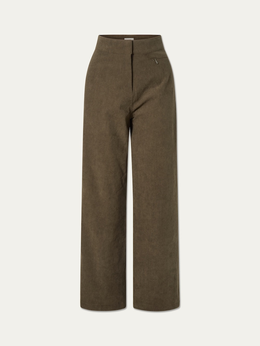 The Britt Palazzo Ski Pant Women by We Norwegians are high-waisted, wide-leg brown baby corduroy ski pants featuring a zip fly and a fitted waistband, shown against a plain white background.