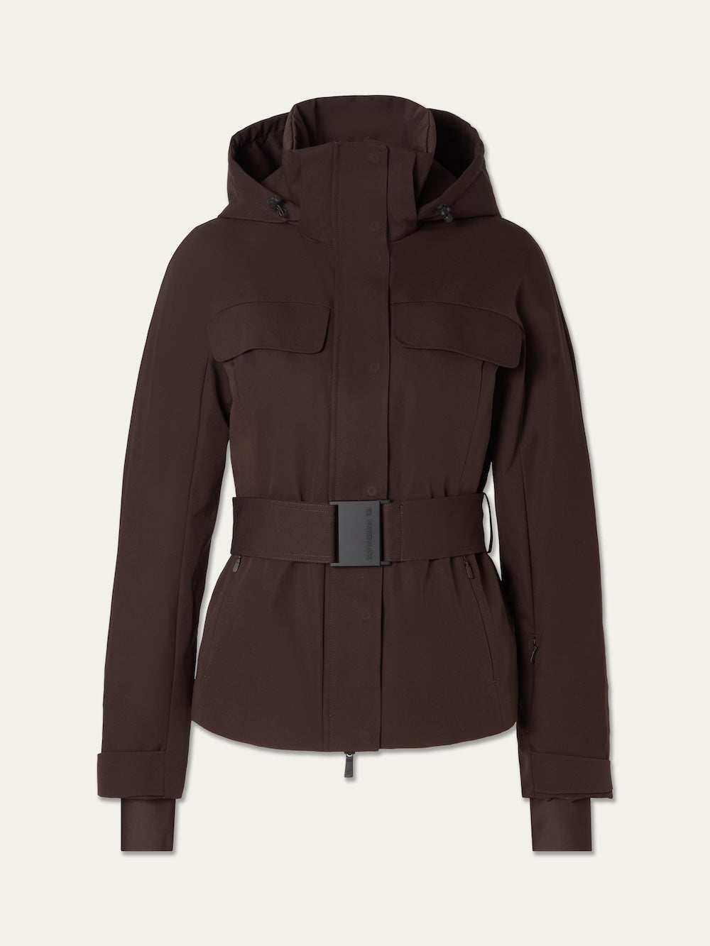 We Norwegians Finse Ski Jacket Women in dark brown features a hood, front zipper, two chest pockets, long sleeves, high collar, and belted waist. Shown against a plain white background.