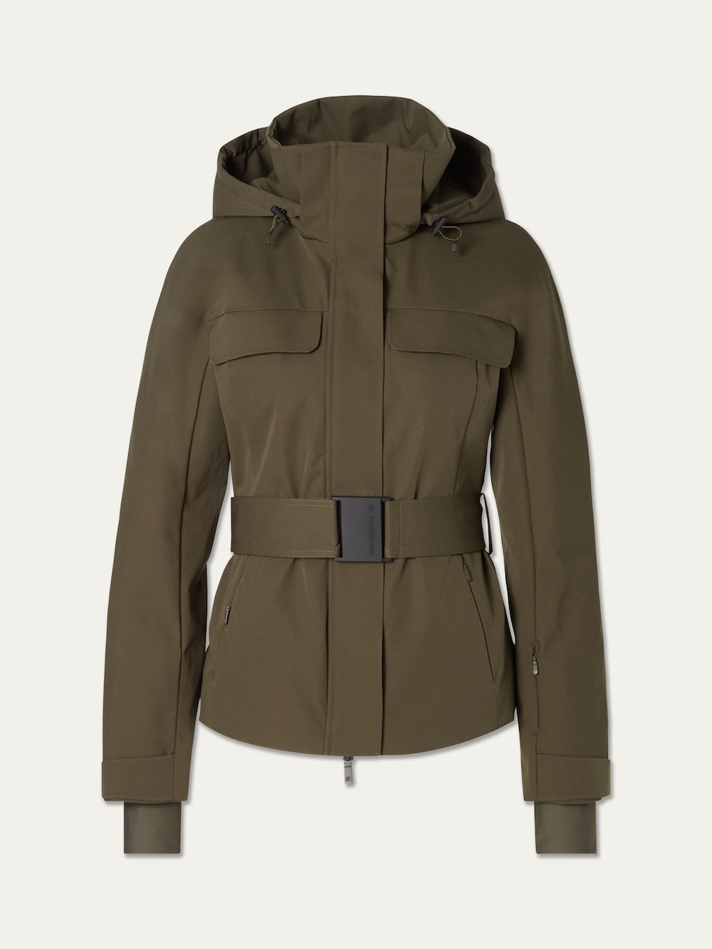 The We Norwegians Finse Ski Jacket Women features olive green color, a wide waist belt, chest and zippered side pockets, long sleeves, and adjustable cuffs—perfect for your ski ensemble.
