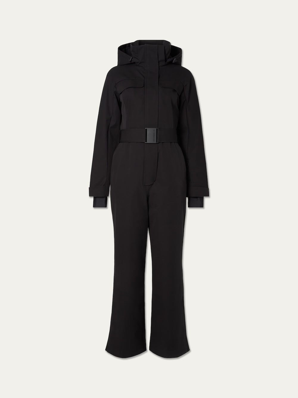 Black hooded Finse Ski Suit Women with a belted waist and long sleeves.