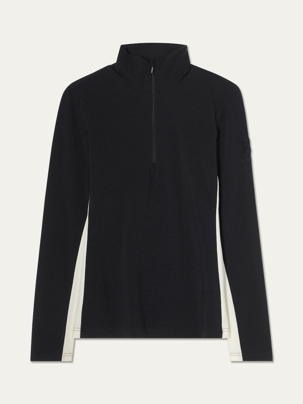 Black long-sleeve We Norwegians Voss ZipUp Women pullover featuring a high neck and white side panels.