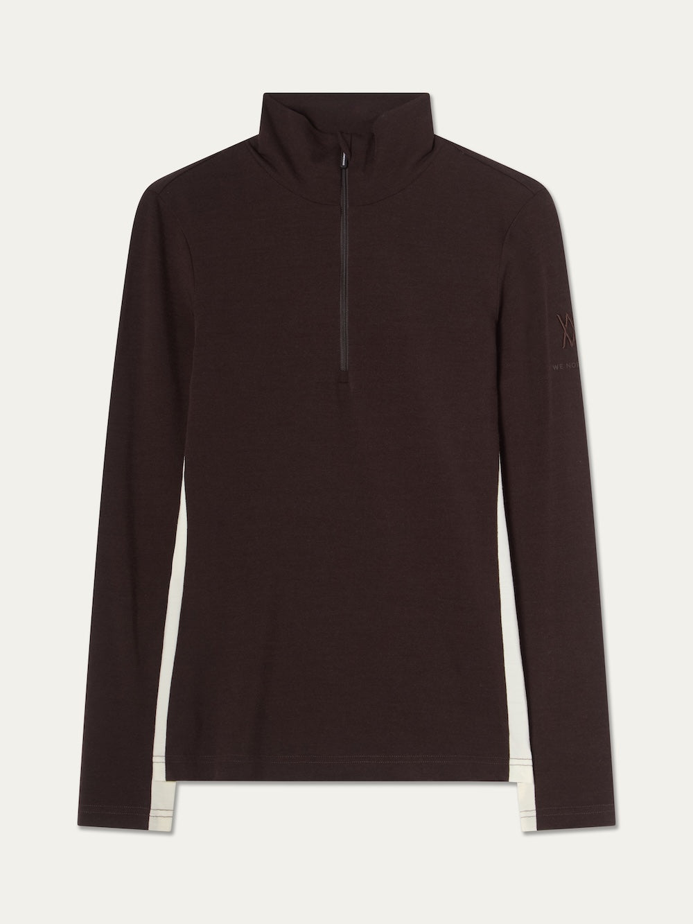 We Norwegians Voss ZipUp Women dark brown long-sleeved shirt with a high neck and contrasting white panels on the lower sides, designed as a merino wool base layer.
