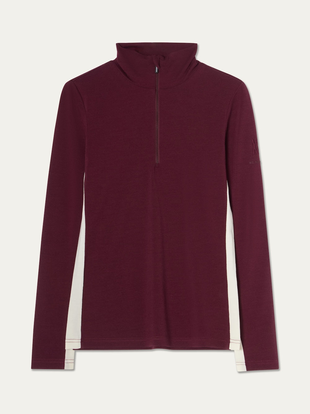 Maroon long-sleeved We Norwegians Voss ZipUp Women base layer featuring a high neck and contrasting white side panels, crafted from merino wool.