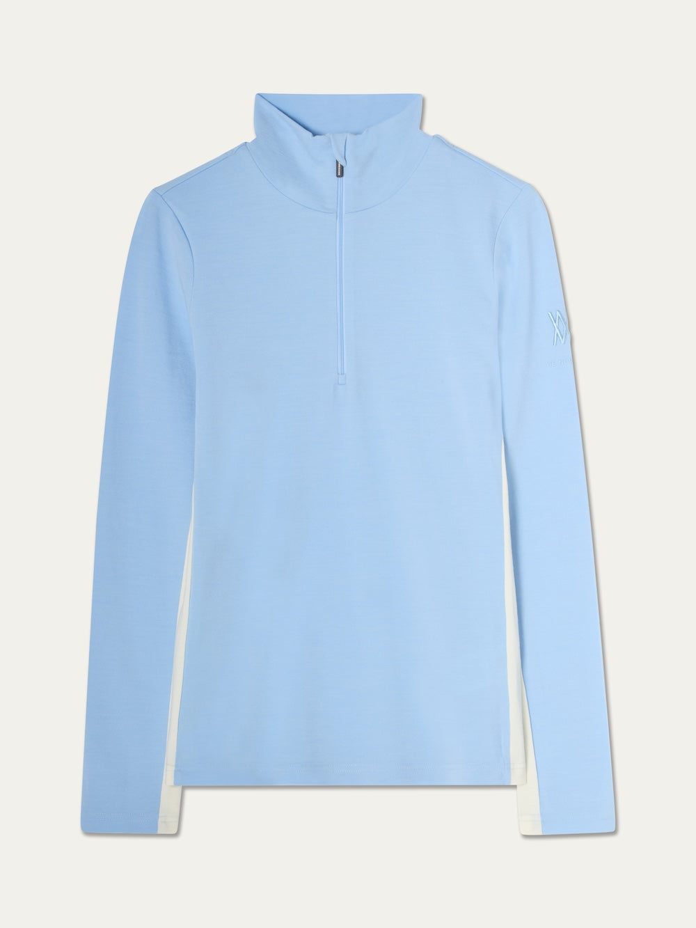 Light blue We Norwegians Voss ZipUp Women long-sleeve top with a high collar and white side panels.