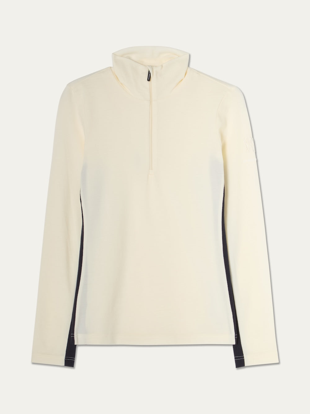 Cream-colored We Norwegians Voss ZipUp Women long-sleeve top with navy side panels.