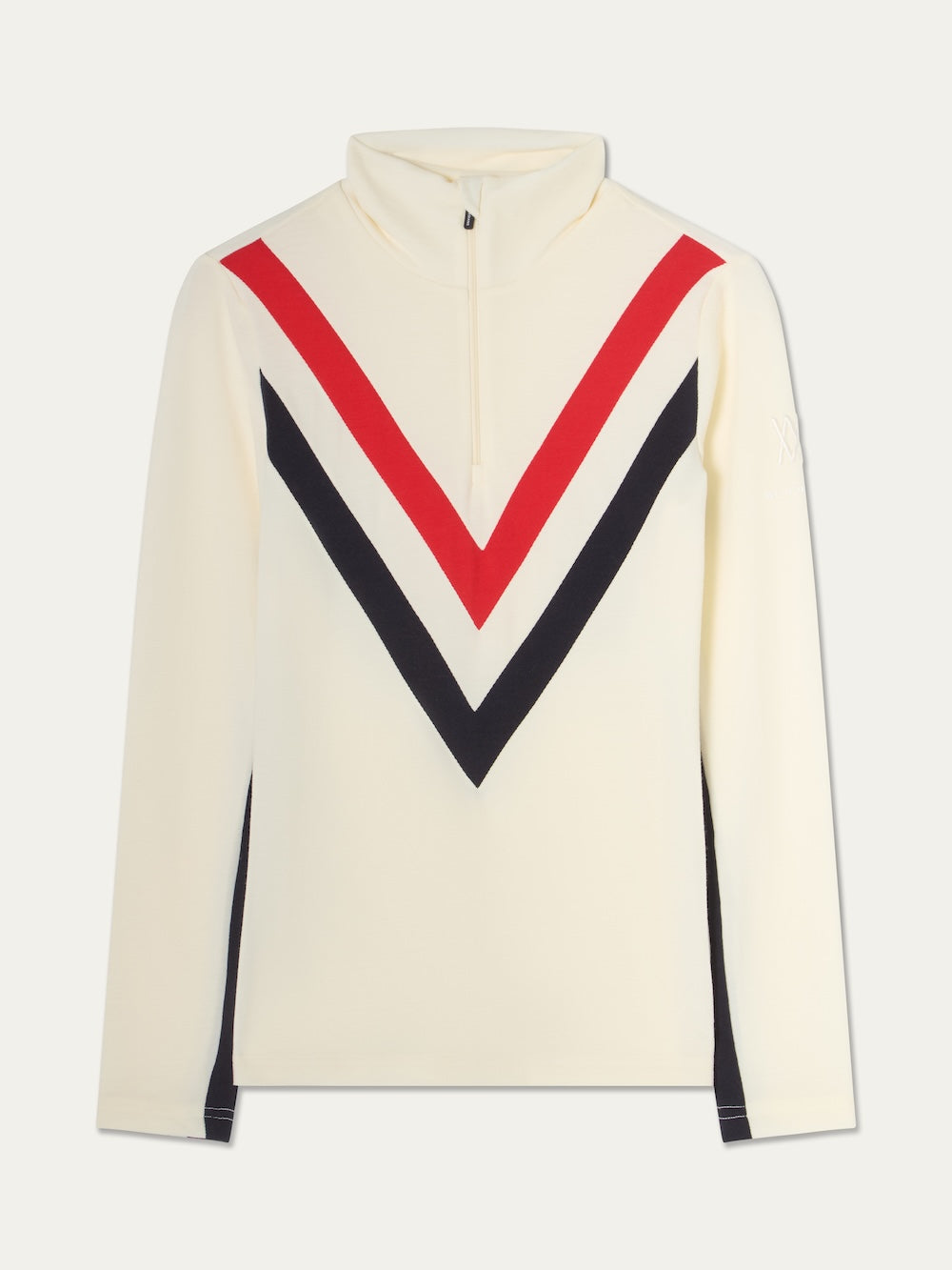 We Norwegians Voss Chevron ZipUp Women in cream-colored Merino wool, featuring a long-sleeve quarter-zip design with a red and navy blue chevron pattern on the chest and solid navy side panels.