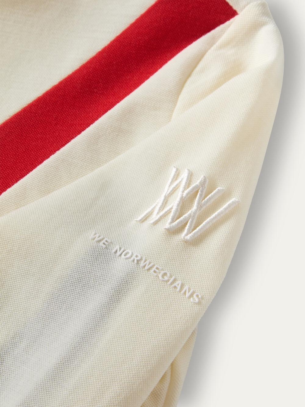 Off-white We Norwegians Voss Chevron ZipUp Women sleeve featuring a red stripe and an embroidered white logo and brand name.