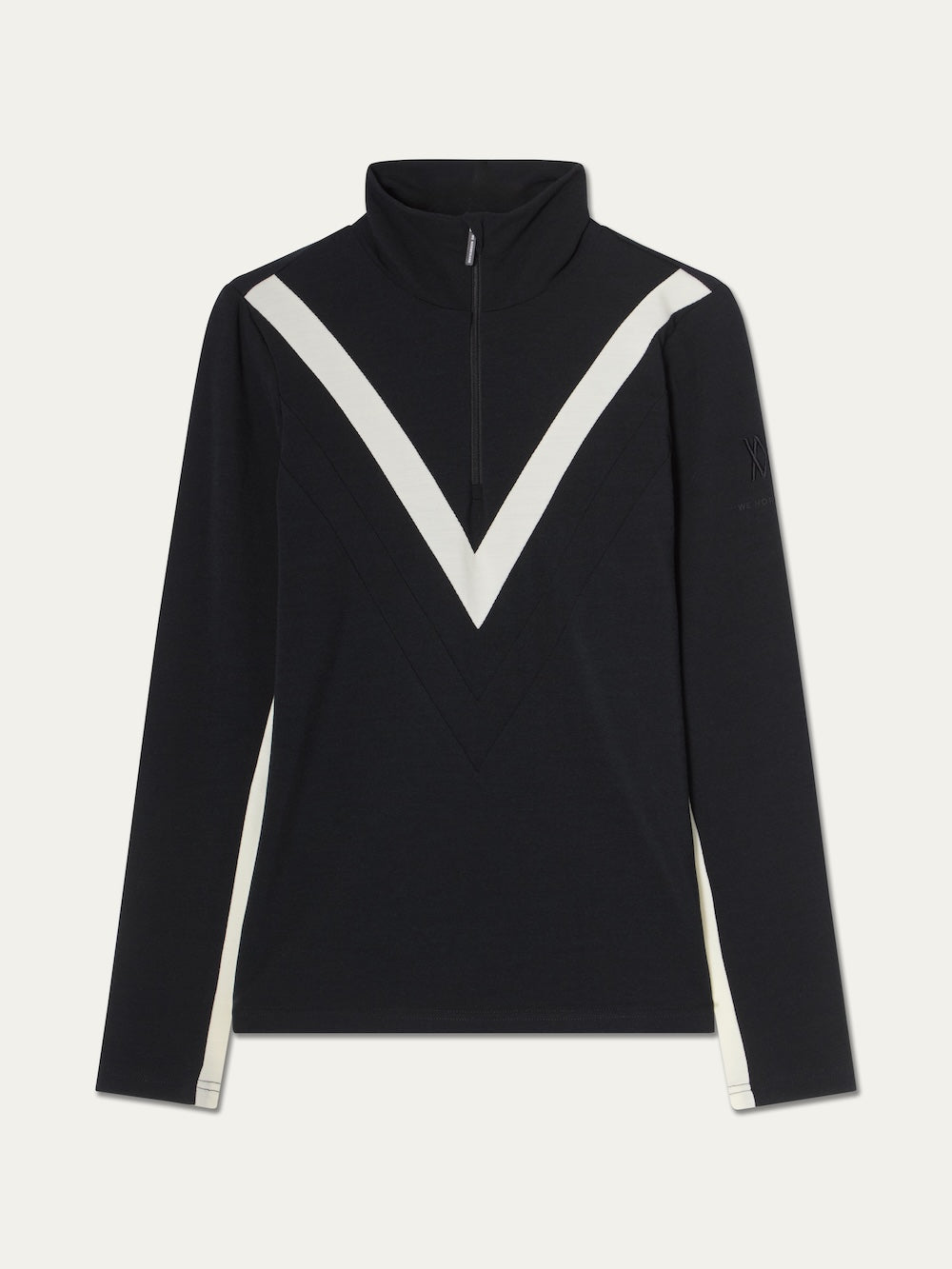 We Norwegians Voss Chevron ZipUp Women top in black merino wool featuring a white chevron stripe across the chest and white panels on the sleeves.