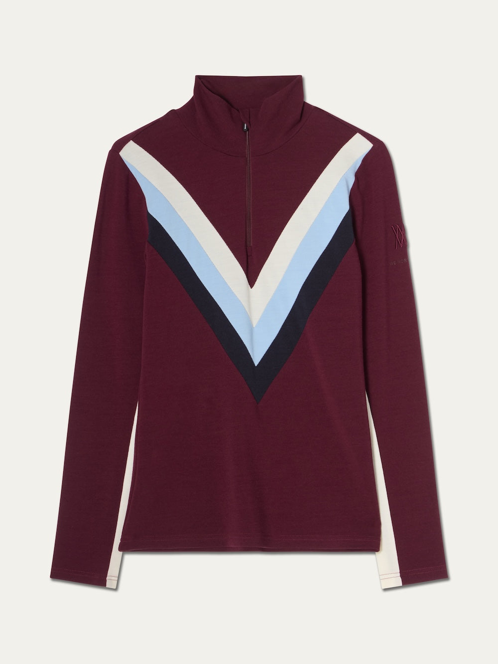 We Norwegians Voss Chevron ZipUp Women burgundy Merino wool long-sleeve zip-up top with a light blue, white, and navy chevron pattern on the chest.
