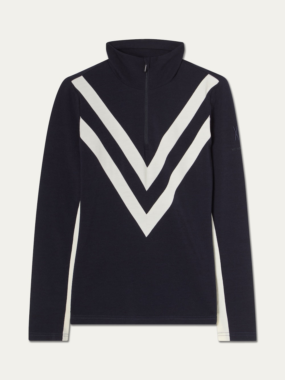 We Norwegians Voss Chevron ZipUp Women navy blue merino wool long-sleeved quarter-zip shirt featuring a white chevron pattern on the chest and white side panels for an après-ski look.