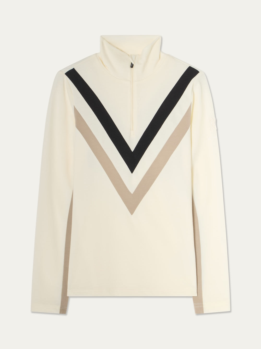 Cream-colored merino wool We Norwegians Voss Chevron ZipUp Women base layer featuring a black and beige chevron stripe pattern on the chest.