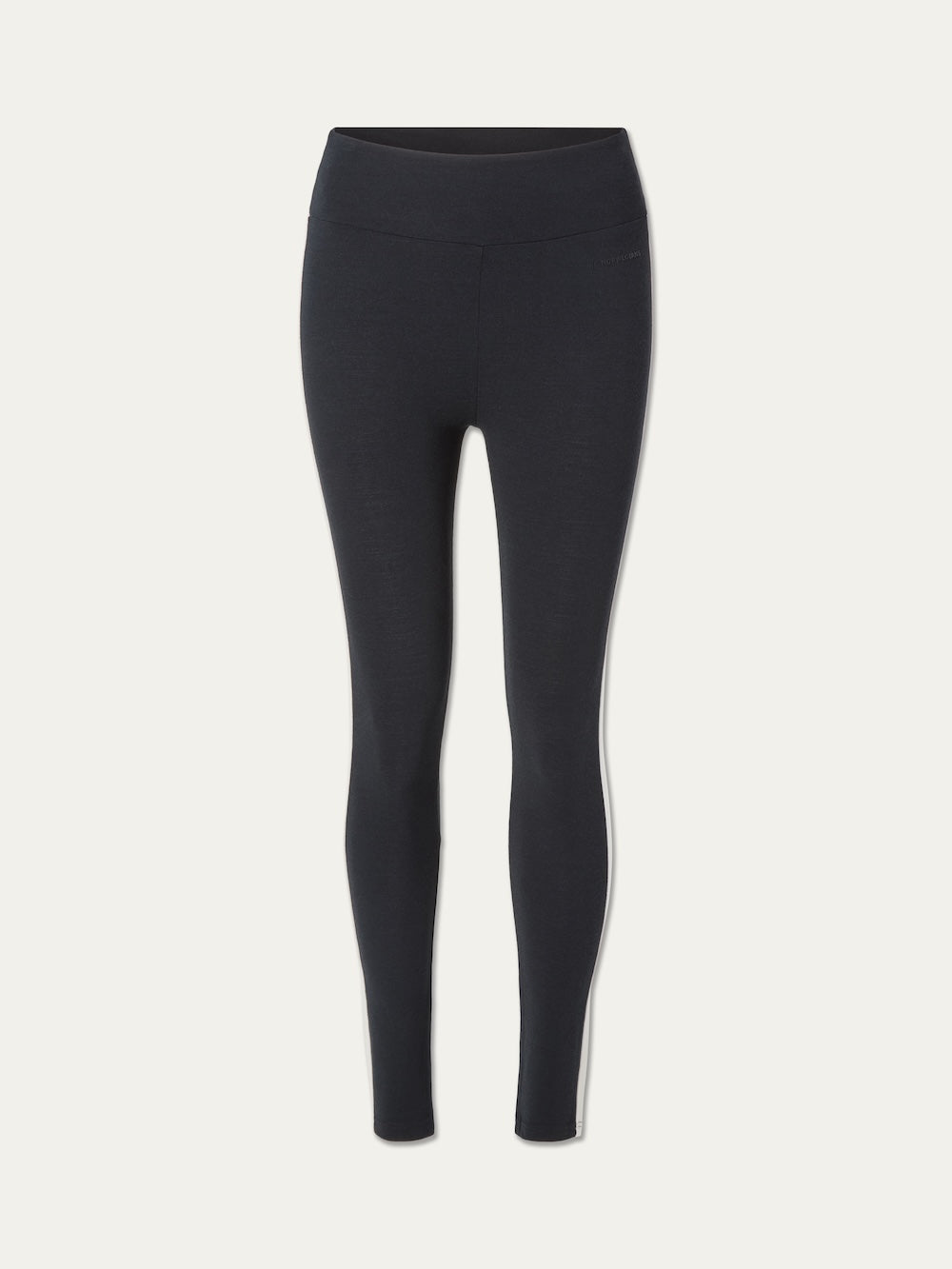 Black high-waisted Voss Leggings Women merino wool leggings featuring a thin vertical white stripe on the outer ankle.