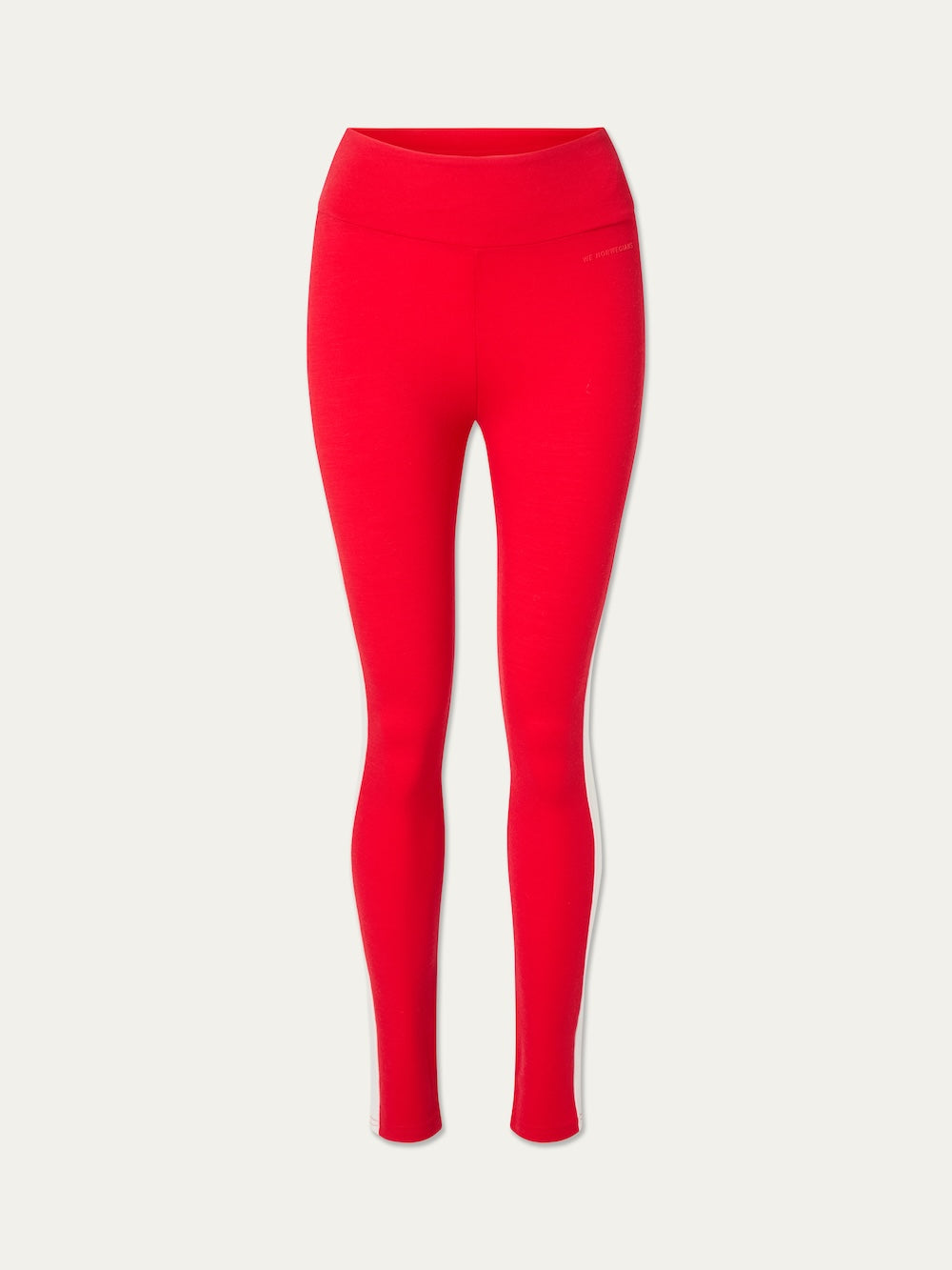 Red breathable merino wool Voss Leggings Women with a high waistband and small white stripes near the ankles.