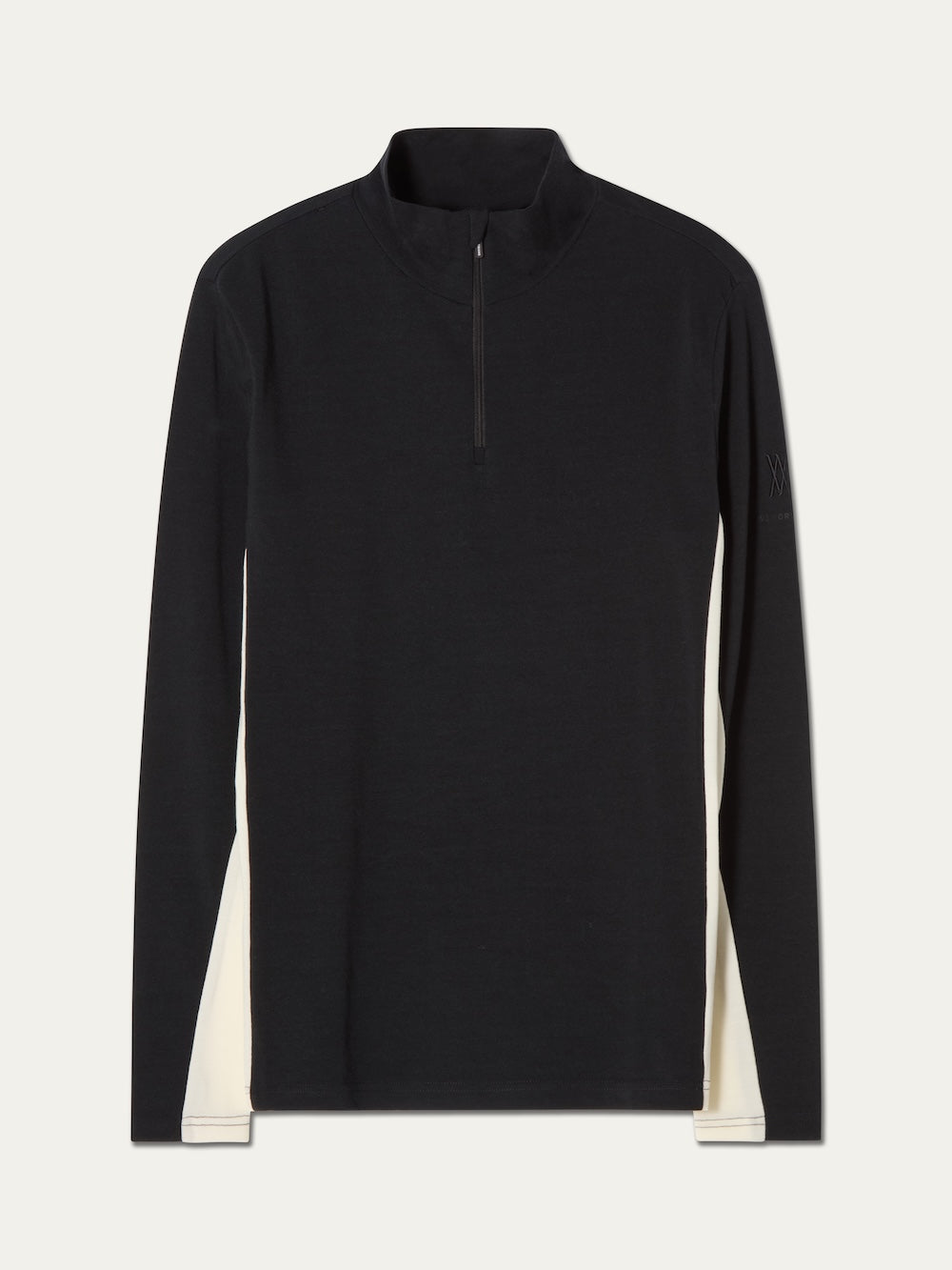 The We Norwegians Voss ZipUp Men is a black long-sleeve pullover shirt featuring a quarter-zip and light beige color block side panels, shown against a plain off-white background.