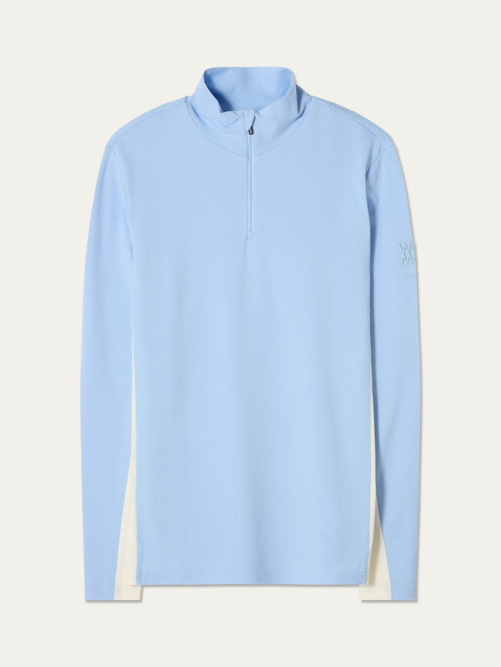 The We Norwegians Voss ZipUp Men is a light blue long-sleeve ski base layer pullover featuring a quarter-zip neckline and white color block side panels, displayed flat on a plain background.