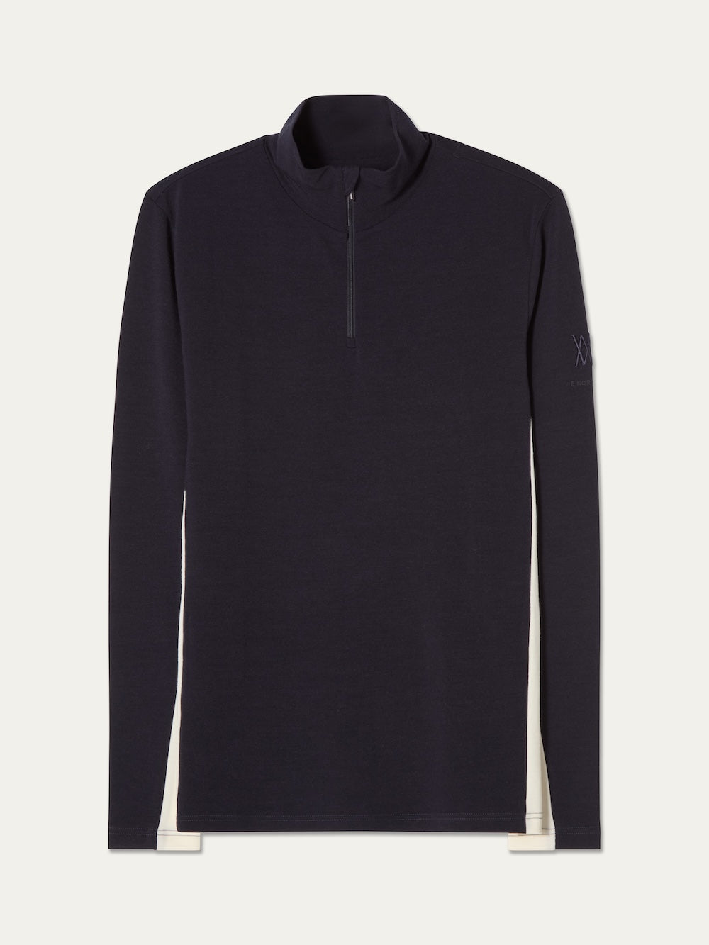 The We Norwegians Voss ZipUp Men, a black long-sleeve quarter-zip ski base layer pullover featuring a high collar and white color block side panels, is laid flat on a white background.