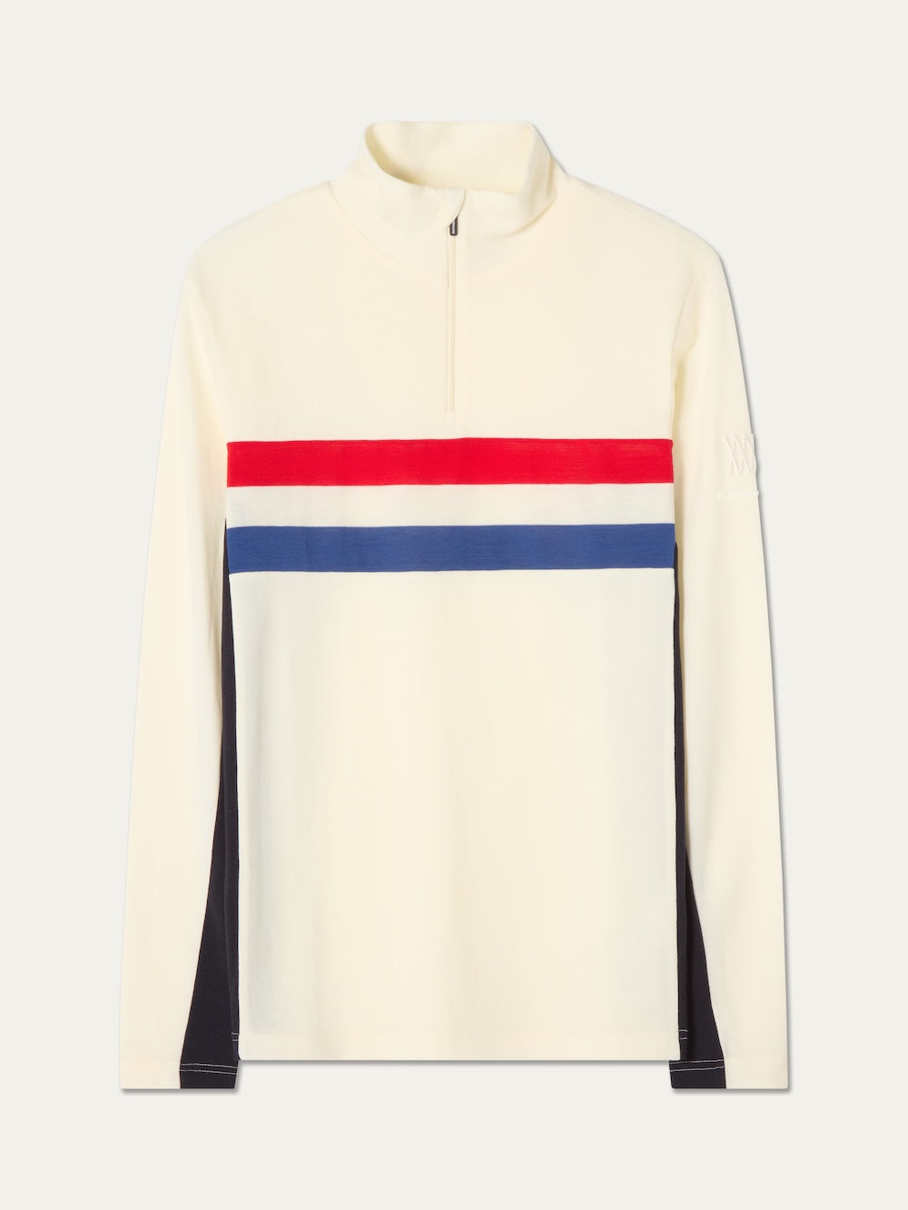 The We Norwegians Ski ZipUp Men is a cream, long-sleeve pullover with a quarter-zip neck, accented by horizontal red and blue stripes across the chest and black side panels—a retro-inspired ski wear essential that’s perfect as a SKI ZipUp or merino wool base layer for chilly days on the slopes.