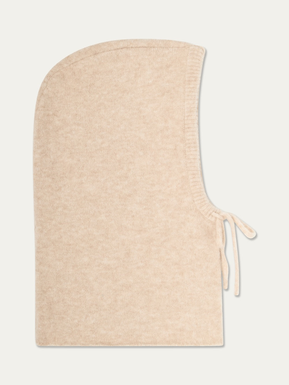 The Norefjell Hood by We Norwegians is a beige knitted alpaca wool balaclava designed with a rounded top, ribbed edges, a side opening, and two ties for adjustable fastening. This cosy accessory is crafted from soft and comfortable material, making it an ideal choice for staying warm during cold weather.
