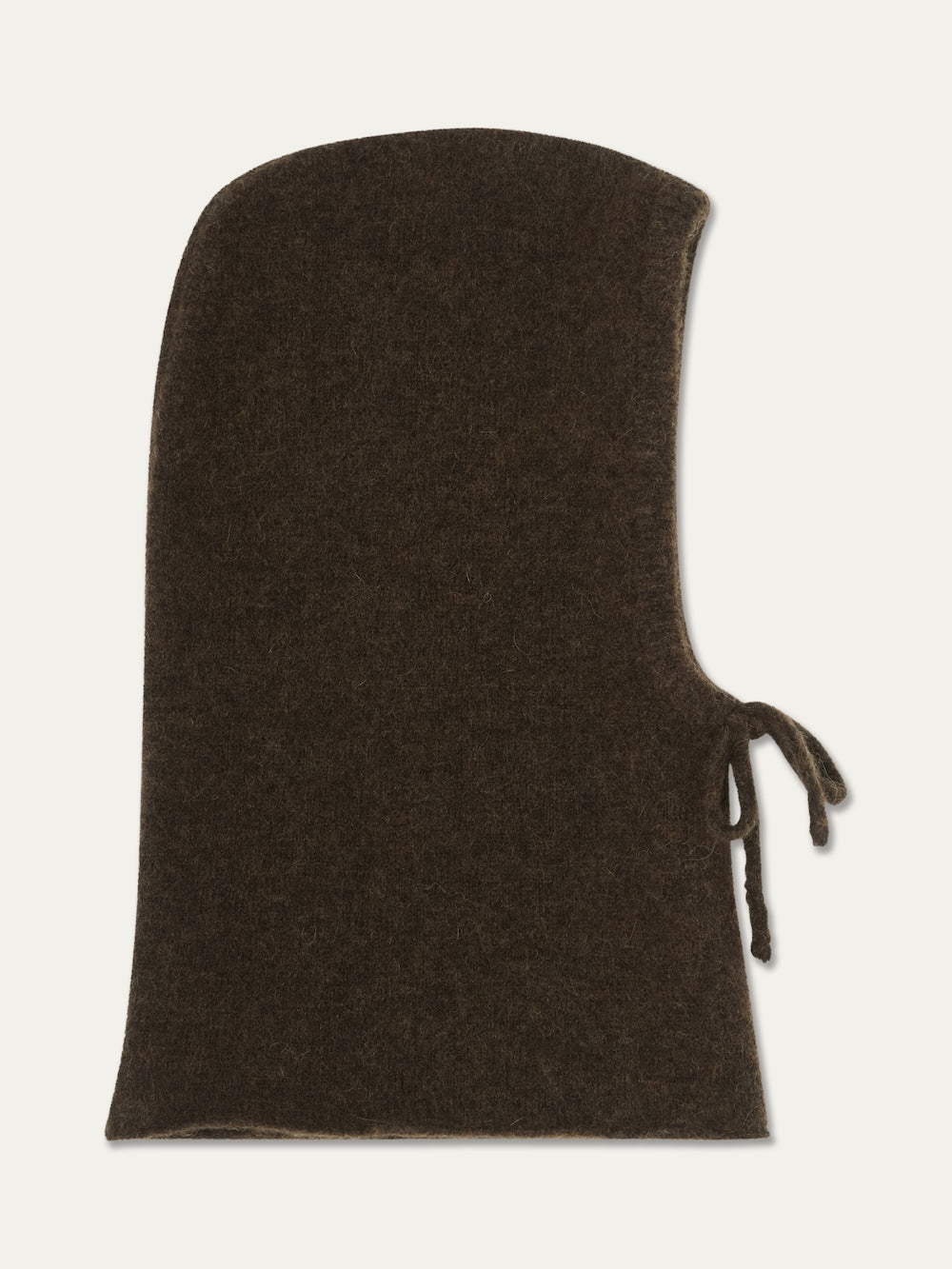 The Norefjell Hood by We Norwegians, crafted from dark brown alpaca wool in a cozy balaclava style, features a rounded top and an asymmetrical tie closure, shown laid flat against a plain light background—an essential winter accessory.