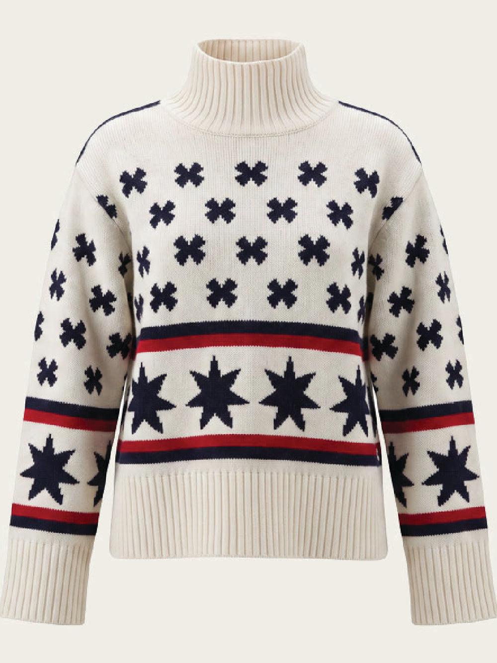 The We Norwegians EMU x WN Sweater Women is a cream turtleneck après-ski sweater featuring navy star and cross patterns, along with bold red and navy stripes across the chest and sleeves.