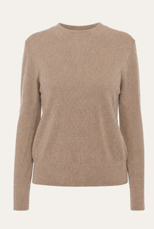 The Geilo Crewneck Women by We Norwegians is a beige long-sleeve sweater crafted from soft knit fabric, showcased against a plain light background.