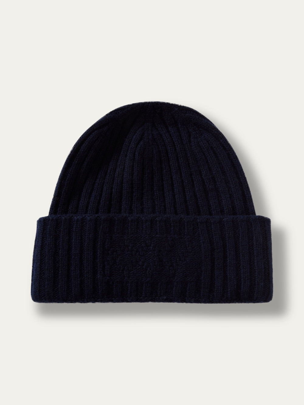 Navy blue ribbed knit We Norwegians Geilo Hat with a folded cuff.