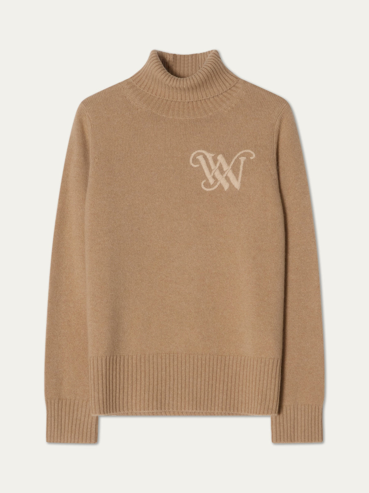 Tan We Norwegians Monogram Cashmere Sweater Women featuring a ribbed hem, cuffs, and an embroidered monogram on the chest.