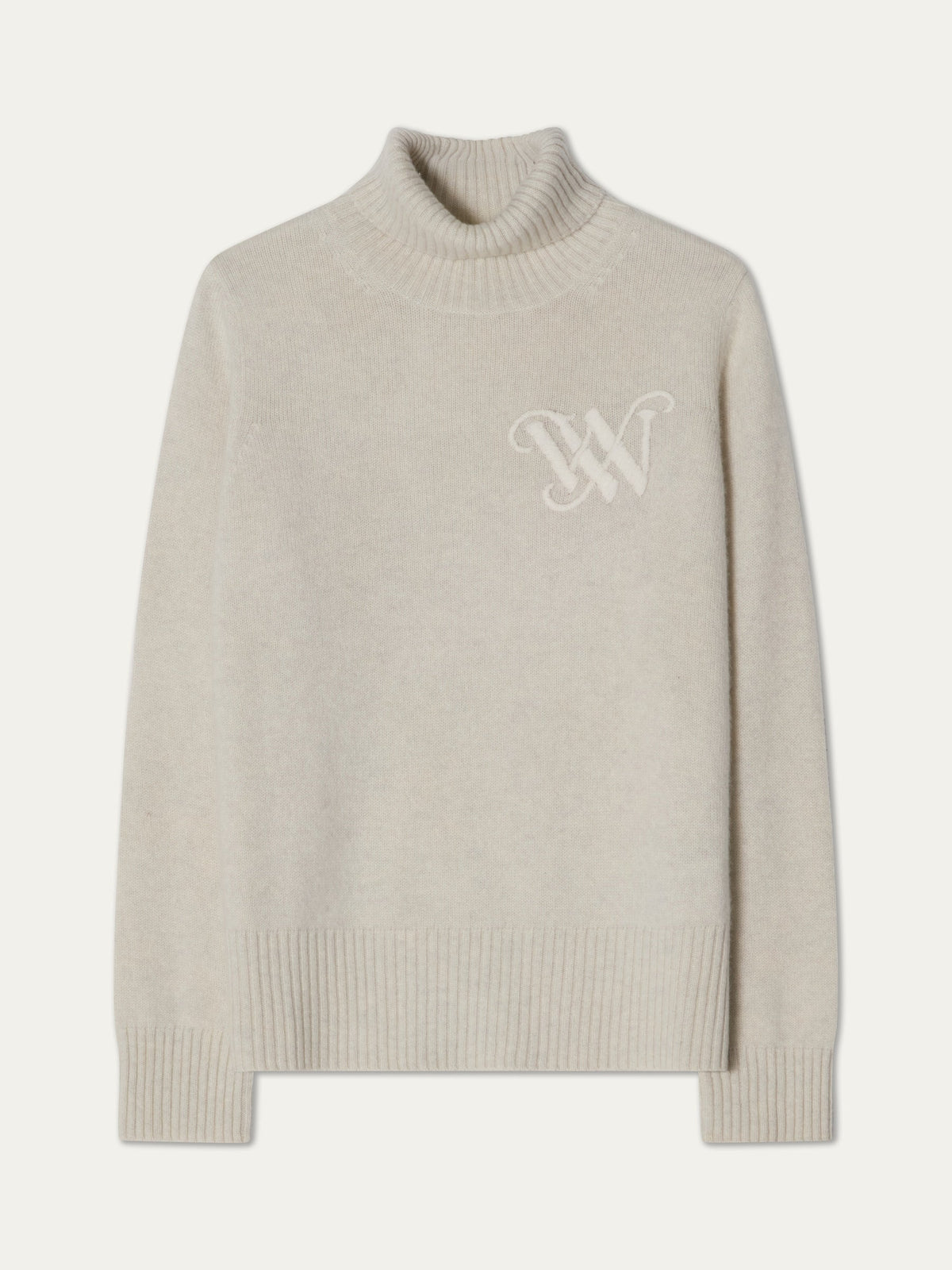 Beige We Norwegians Monogram Cashmere Sweater Women, a turtleneck with a tonal embroidered monogram on the chest.