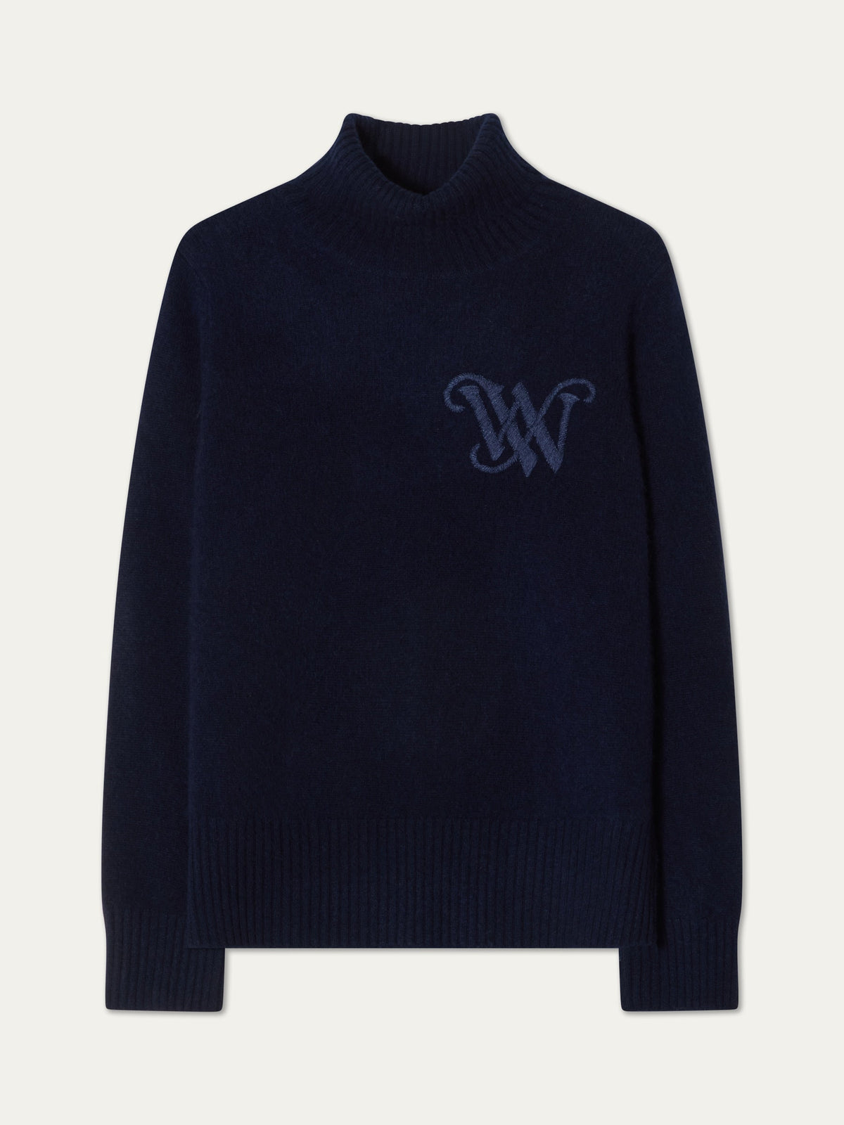 Navy blue long-sleeved mock-neck Monogram Cashmere Sweater Women with a tonal monogram logo on the chest.