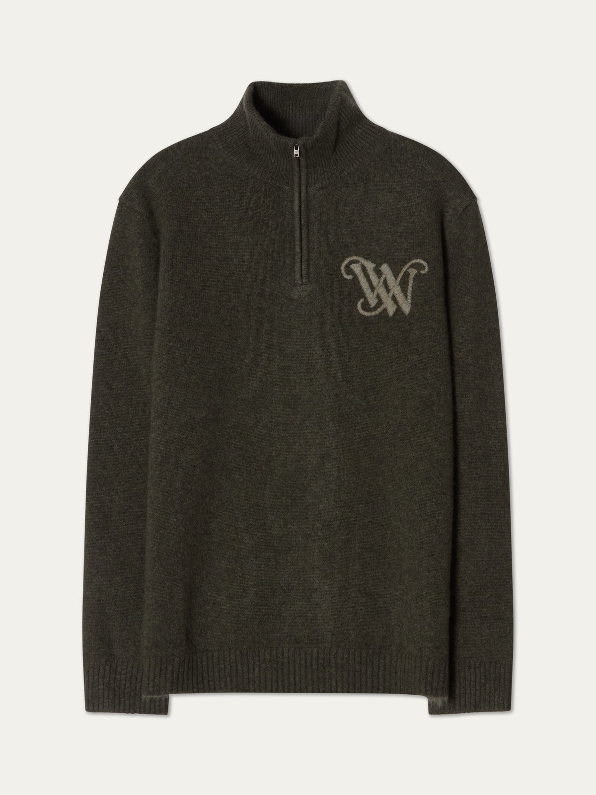 Dark olive We Norwegians Monogram Cashmere Sweater Men quarter-zip with a large embroidered monogram logo on the chest.