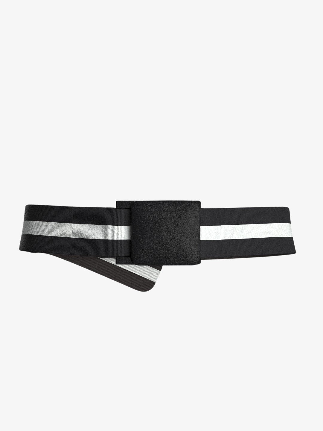 The Vidda Belt by We Norwegians is a unisex accessory featuring a minimalist design, characterized by a single white stripe running through the center of its black fabric and a large, rectangular black buckle. Made from durable polyester material, this adjustable belt ensures a perfect fit.