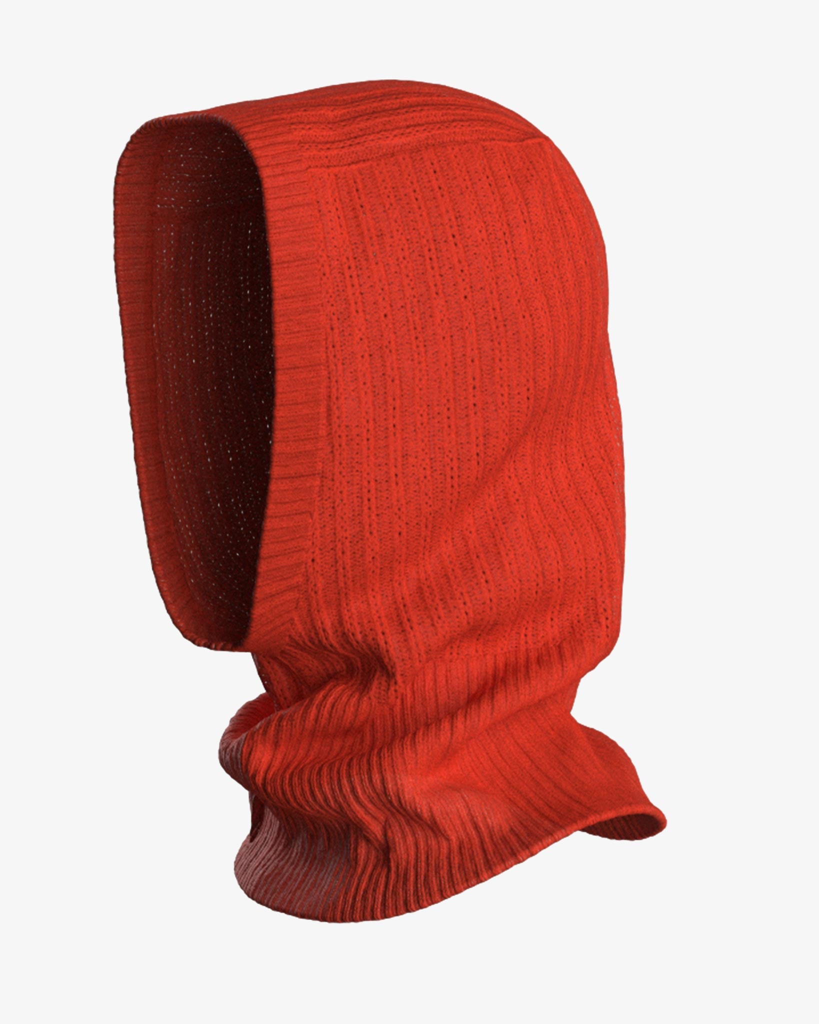 A red Blefjell Balaclava Women by We Norwegians features a sleek, form-fitting design with a ribbed texture created using a 1/2 cardigan stitch. It fully covers the entire head and neck, leaving an opening for the face. The background is plain white.