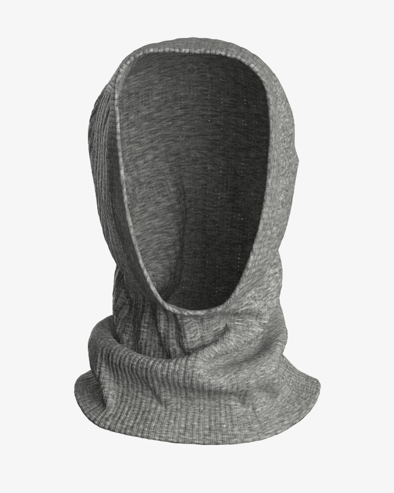 The Blefjell Balaclava Women by We Norwegians is a grey, textured, knitted hood with an open front, designed to cover the head, neck, and shoulders for warmth in cold weather. Crafted from soft cashmere in a cozy 1/2 cardigan stitch, this balaclava offers a casual and snug fit.