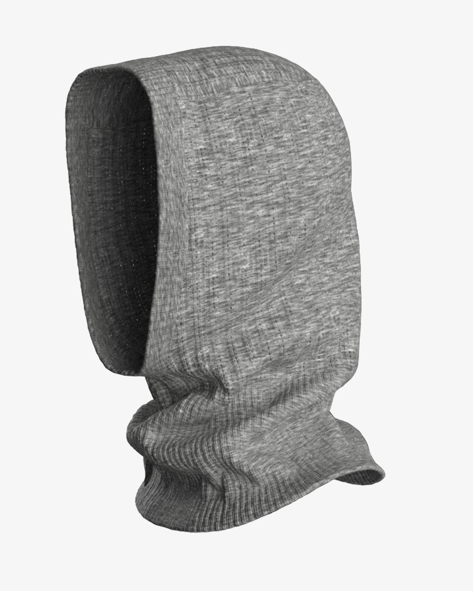 A gray Blefjell Balaclava Women by We Norwegians made of soft, textured fabric. The balaclava covers the head and neck, leaving the face open. The fabric appears to be knitted in a 1/2 cardigan stitch with cashmere, providing warmth and comfort. The design is simple, with no visible logos or patterns.