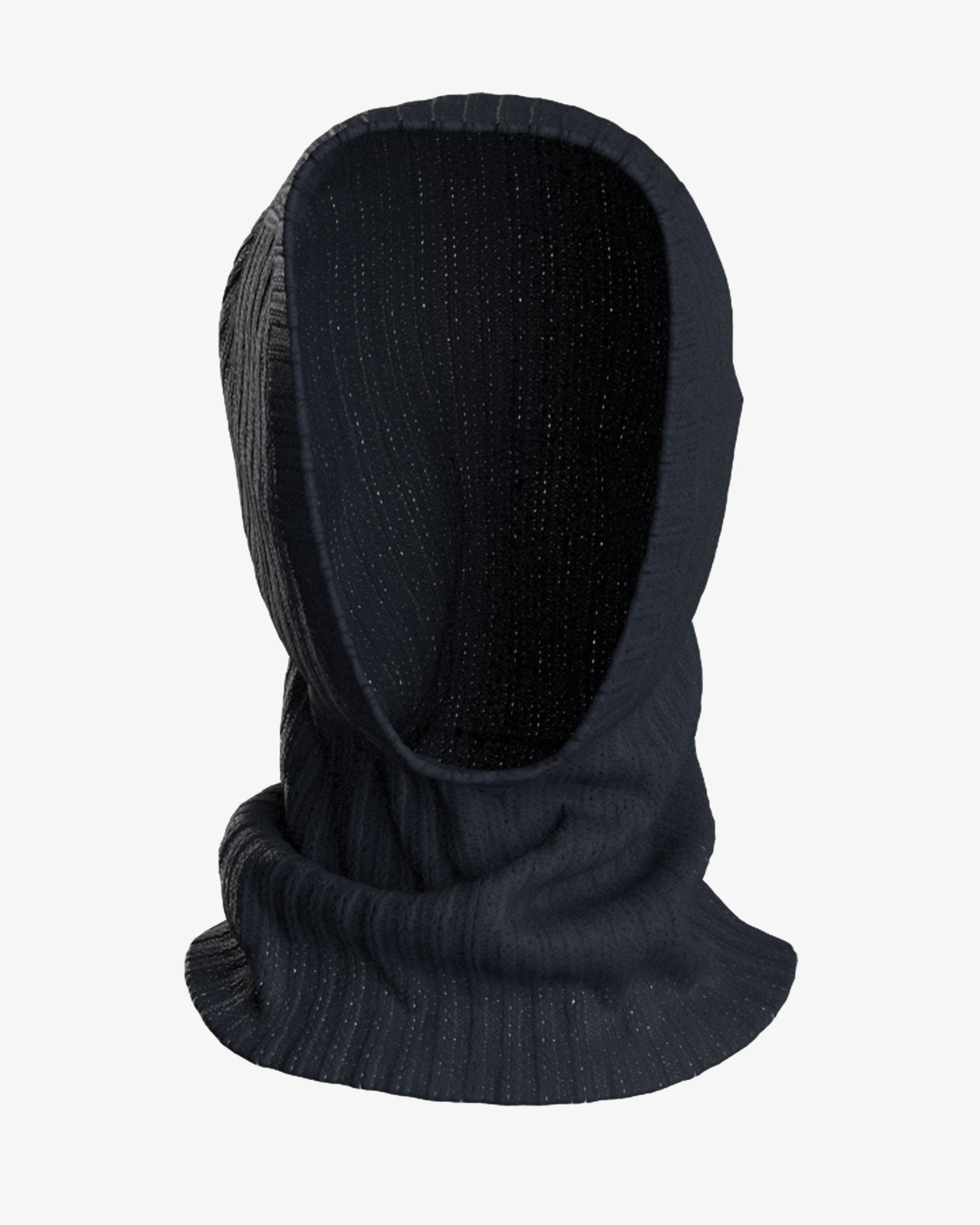 The Blefjell Balaclava Women by We Norwegians is a black, ribbed knit hooded balaclava with an open face design. Crafted in a luxurious 1/2 cardigan stitch, the thick cashmere fabric makes it perfect for cold weather. The sleek black color ensures the balaclava stands out prominently.