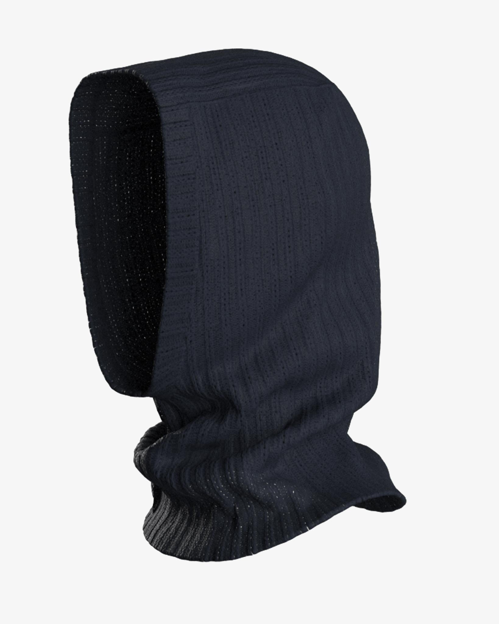 Presenting the Blefjell Balaclava Women by We Norwegians: a dark-colored ribbed-knit balaclava featuring a hood design in 1/2 cardigan stitch. Shown in a side profile view against a plain background, this balaclava offers soft and stretchy texture, covering the head and neck area while leaving the face open.