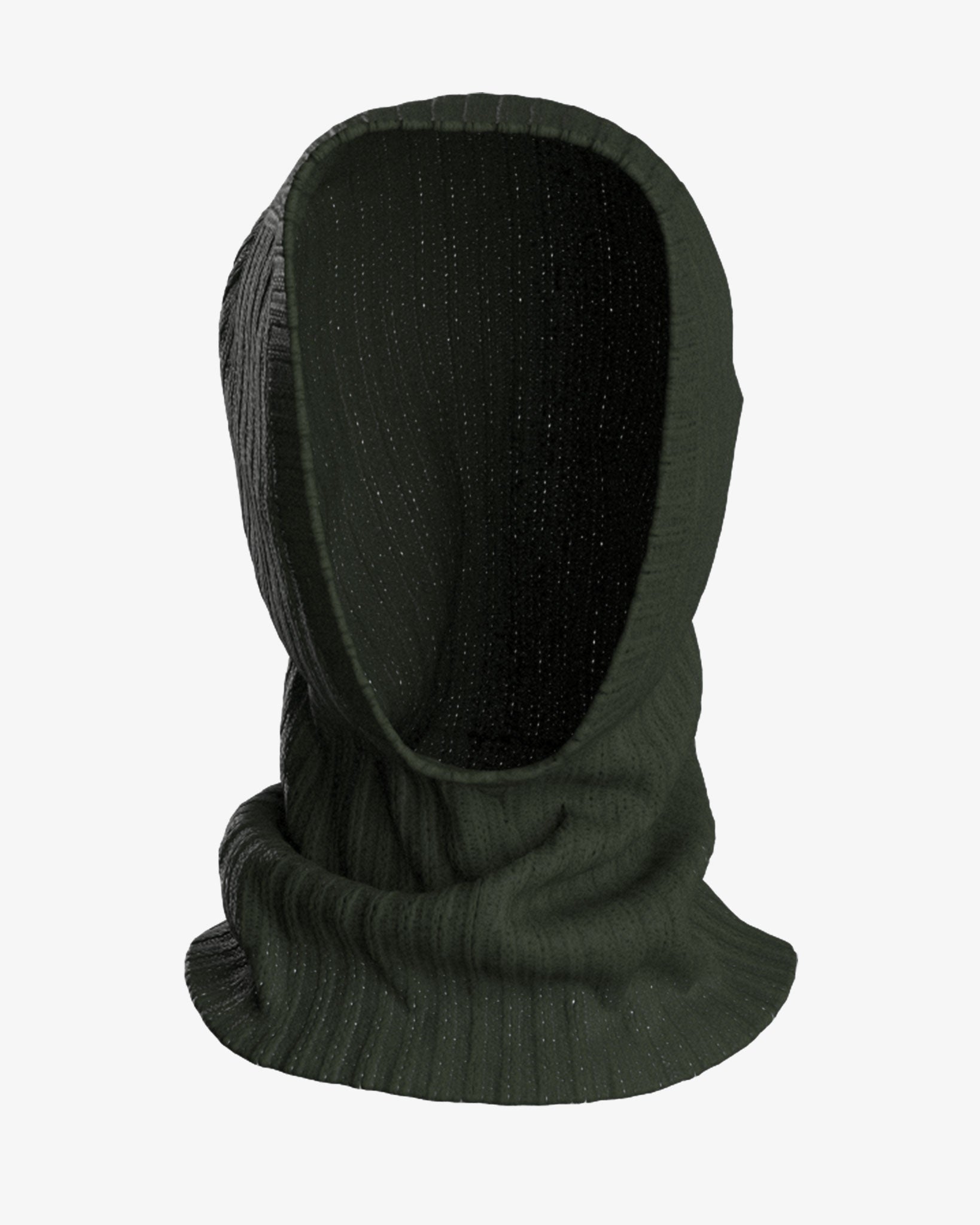 The Blefjell Balaclava Women by We Norwegians is displayed against a white background. This dark green, knitted hooded cowl features a wide, ribbed texture in a 1/2 cardigan stitch. The hood extends upwards while the cowl drapes down to cover the neck and head for warmth.