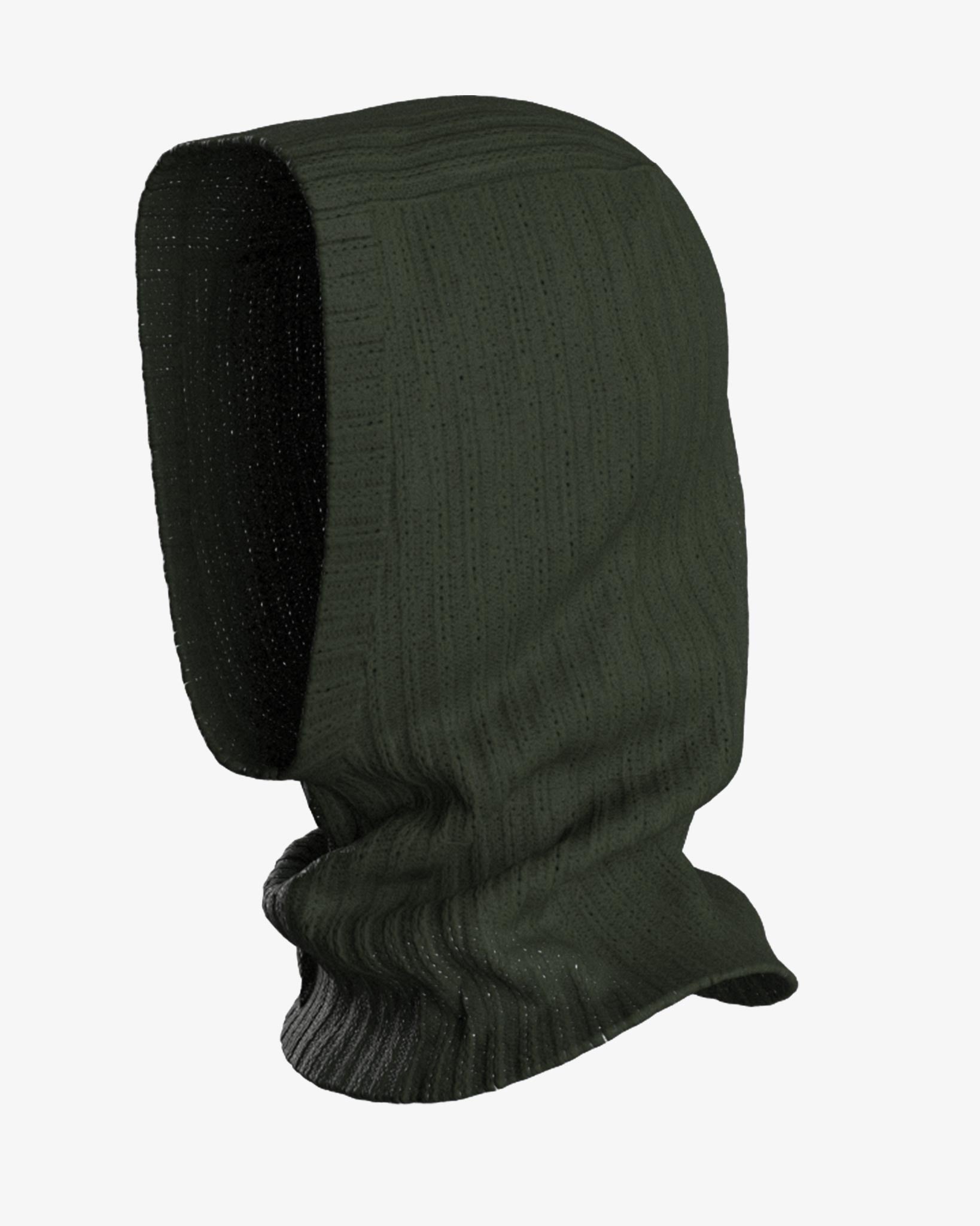 A dark green, knitted Blefjell Balaclava Women by We Norwegians displayed against a plain, light gray background. The garment features a 1/2 cardigan stitch pattern and extends to cover the neck, with an open face area.