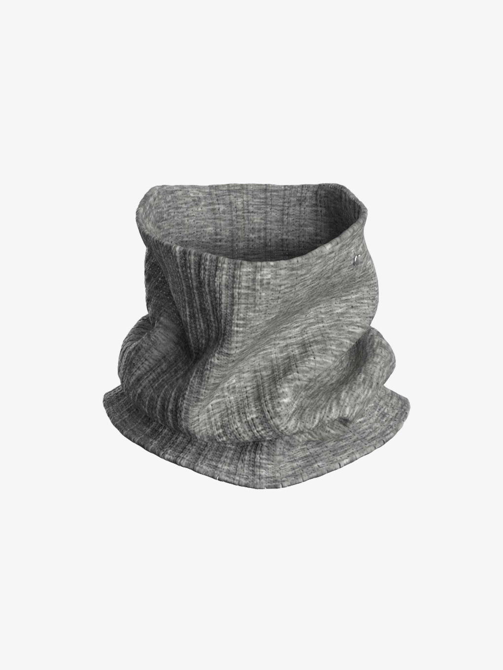 A grey, knitted Blefjell Cashmere Neckwarmer by We Norwegians with a ribbed texture, shown against a plain white background. The fabric appears soft and the gaiter is slightly gathered, suggesting stretchiness and comfort. This cozy piece could be the perfect addition to your Blefjell sweaters collection.