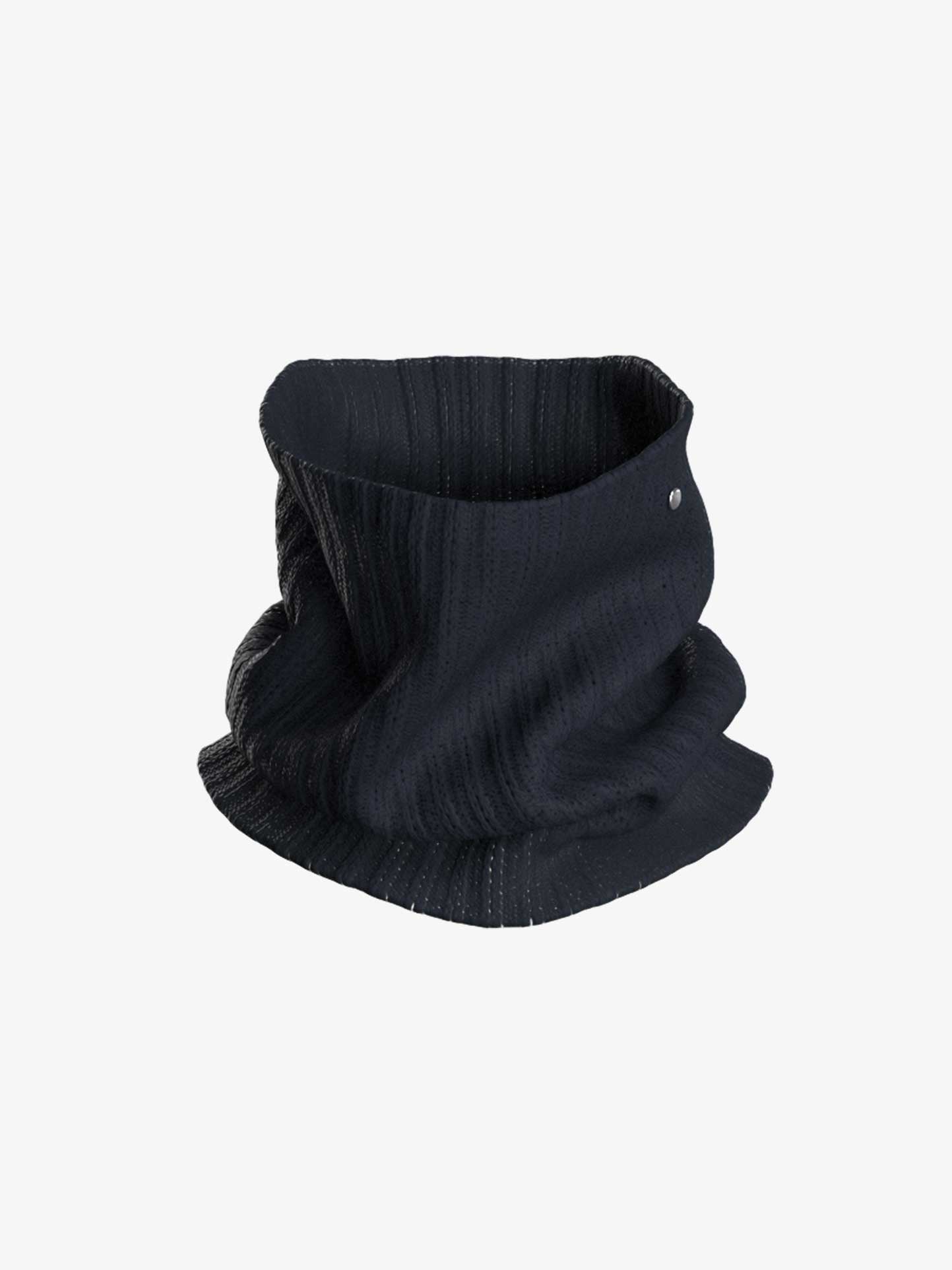 The Blefjell Cashmere Neckwarmer by We Norwegians is a black, knitted neck warmer featuring a textured ribbed pattern. Made from luxurious cashmere, it is cylindrical in shape to provide coverage for both the neck and lower face. A small metallic button detail adorns one side, set against a plain white background.