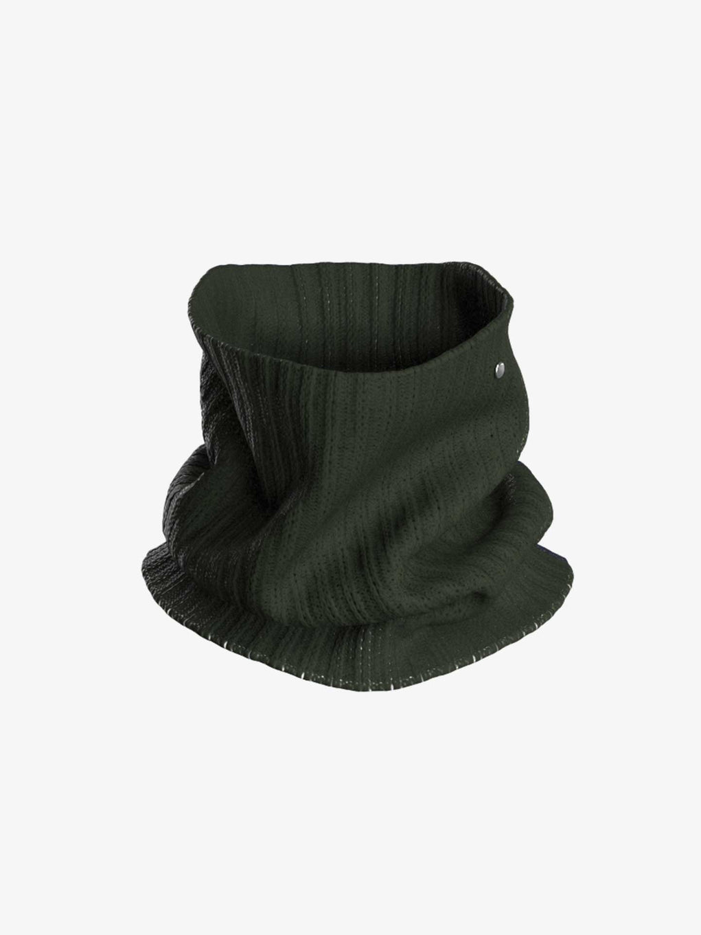 The Blefjell Cashmere Neckwarmer by We Norwegians is showcased against a plain white background. This dark green, cylindrical neck warmer, inspired by Blefjell sweaters, boasts a ribbed knit design and features a textured surface with horizontal ribbing.