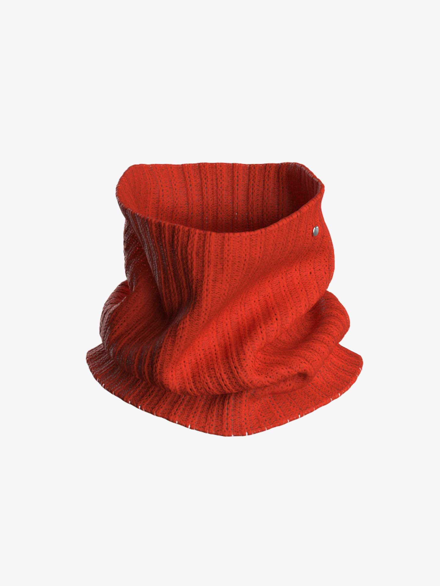 The Blefjell Cashmere Neckwarmer by We Norwegians is a red knitted neck warmer with vertical ribbing, designed to be worn around the neck for warmth. It boasts a subtle texture and features a small metallic button or emblem near the top edge. This luxurious cashmere accessory is made to complement your favorite Blefjell sweaters, all set against a plain white background.